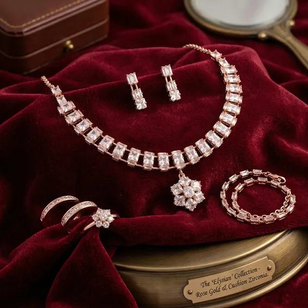 Elegant_Rose_Gold-Plated_American_Diamond_Choker_Necklace_Set_with_Matching_Drop_Earrings_–_Floral_Pendant_Square-Cut_Stone_Jewelry_for_Women