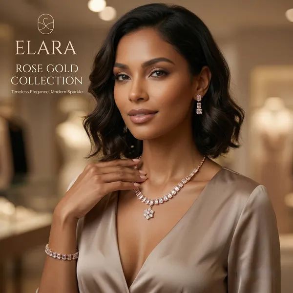 Elegant_Rose_Gold-Plated_American_Diamond_Choker_Necklace_Set_with_Matching_Drop_Earrings_–_Floral_Pendant_Square-Cut_Stone_Jewelry_for_Women