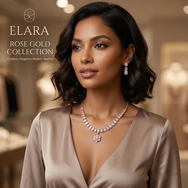 Elegant_Rose_Gold-Plated_American_Diamond_Choker_Necklace_Set_with_Matching_Drop_Earrings_–_Floral_Pendant_Square-Cut_Stone_Jewelry_for_Women