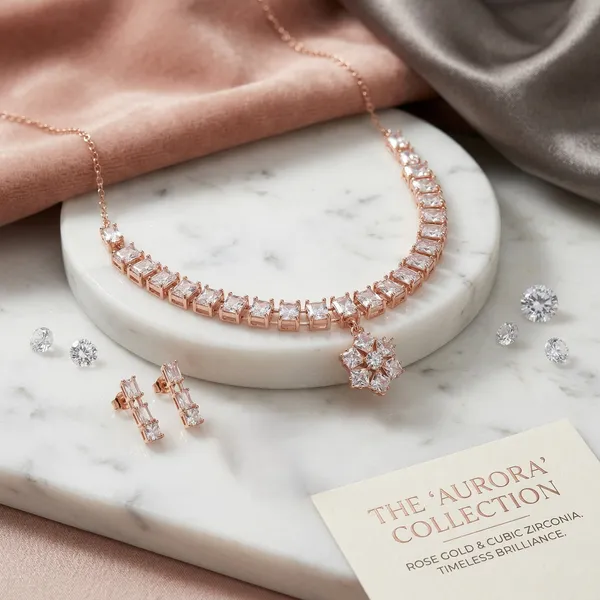 Elegant_Rose_Gold-Plated_American_Diamond_Choker_Necklace_Set_with_Matching_Drop_Earrings_–_Floral_Pendant_Square-Cut_Stone_Jewelry_for_Women