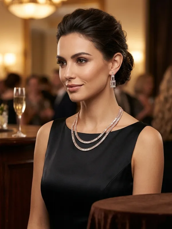 Elegant_Rose_Gold-Tone_Double_Layer_Baguette_Crystal_Necklace_&_Tiered_Drop_Earring_Jewelry_Set