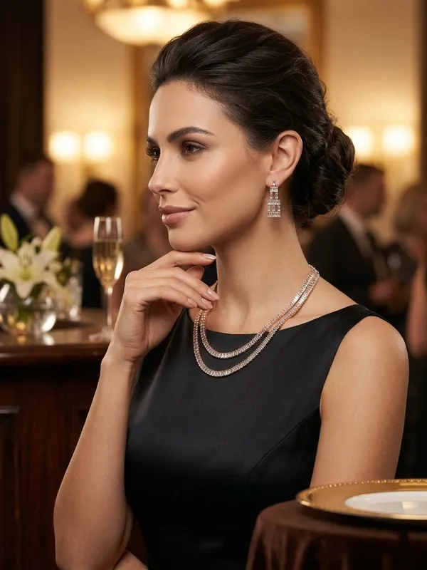 Elegant_Rose_Gold-Tone_Double_Layer_Baguette_Crystal_Necklace_&_Tiered_Drop_Earring_Jewelry_Set