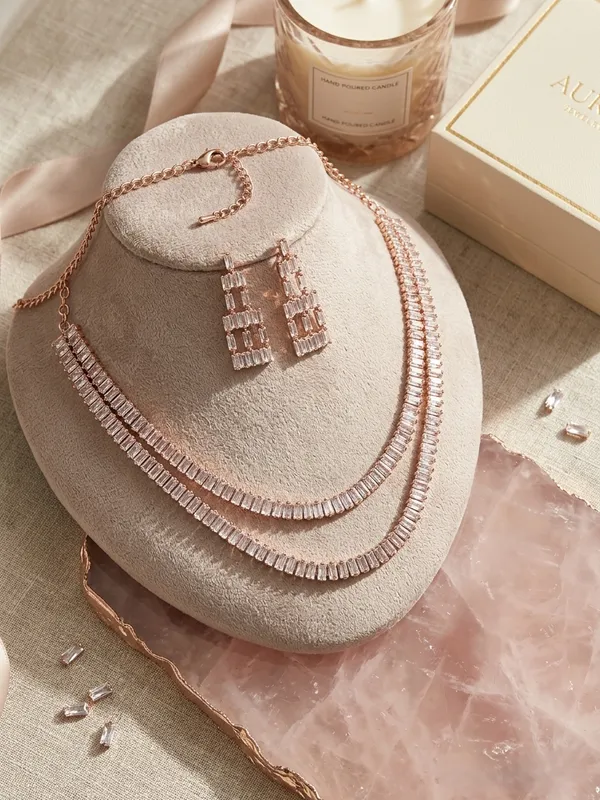 Elegant_Rose_Gold-Tone_Double_Layer_Baguette_Crystal_Necklace_&_Tiered_Drop_Earring_Jewelry_Set