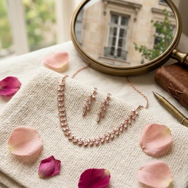 Rose_Gold_Toned_Baguette_Cut_Zircon_Leaf_Design_Necklace_&_Earrings_Jewelry_Set