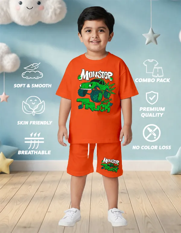Nusyl_Boys_Orange_Truck_Printed_&_Monster_Truck_Text_Printed_Cotton_Blend_Relaxed_T_Shirts_And_Shorts_With_Side_Pockets_Oversized_Length_T_Shirts_And_Shorts_Knee_Length
