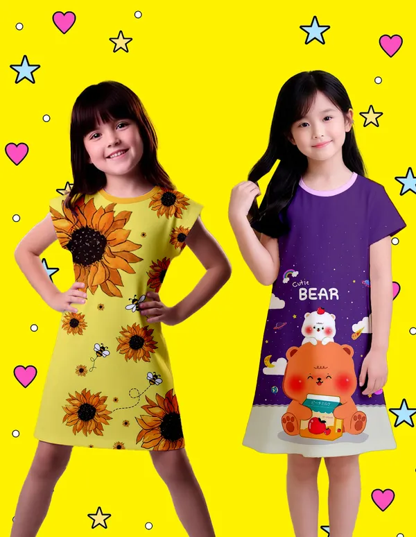 Nusyl_Girls_Yellow_&_Lilac_Sunflower_Printed_&_Teddy_Printed_Dresses_Pack_Of_2_Soft_&_Comfortable_Dresses_Cozy_Summer_Wear_For_Kids_&_Teen_Girls