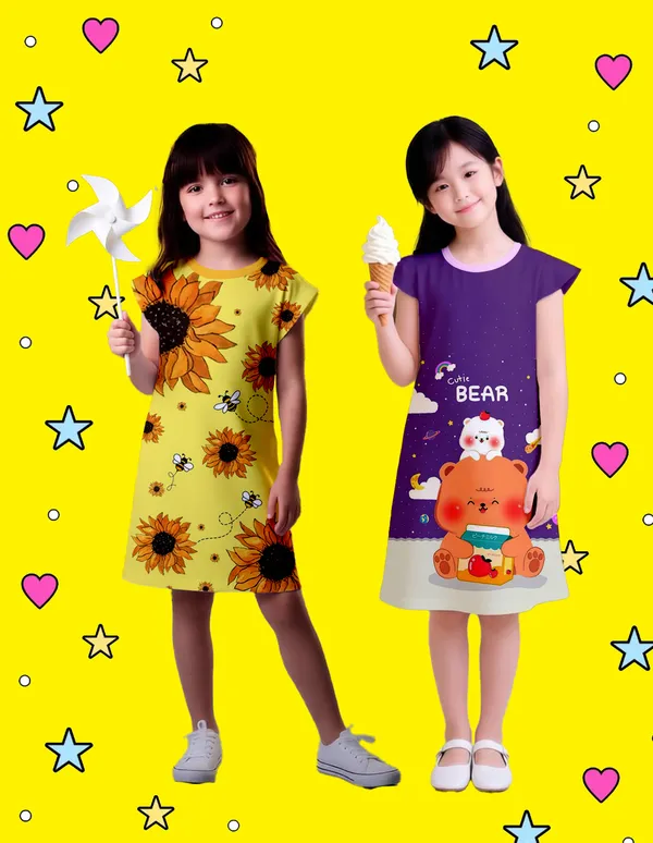 Nusyl_Girls_Yellow_&_Lilac_Sunflower_Printed_&_Teddy_Printed_Dresses_Pack_Of_2_Soft_&_Comfortable_Dresses_Cozy_Summer_Wear_For_Kids_&_Teen_Girls