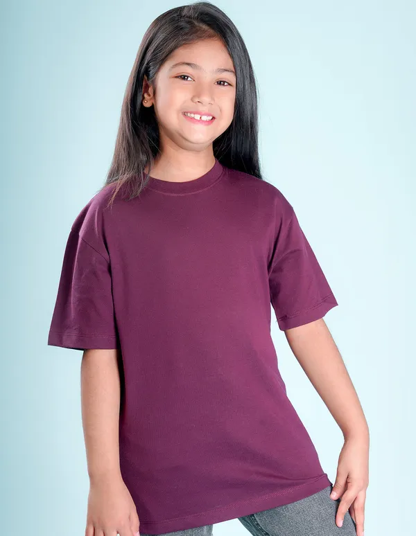 Wine_Solid_Round_Neck_Half_Sleeves_Oversized_T-Shirt_For_Girls