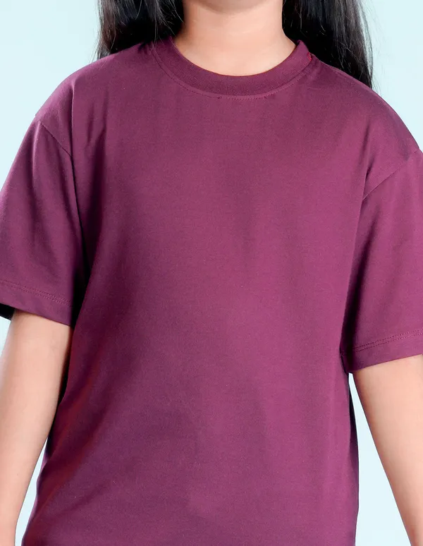 Wine_Solid_Round_Neck_Half_Sleeves_Oversized_T-Shirt_For_Girls