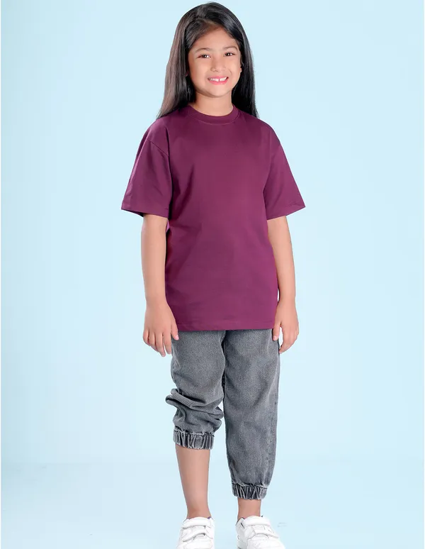 Wine_Solid_Round_Neck_Half_Sleeves_Oversized_T-Shirt_For_Girls