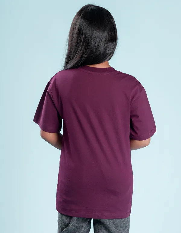 Wine_Solid_Round_Neck_Half_Sleeves_Oversized_T-Shirt_For_Girls