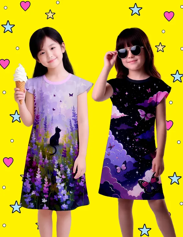 Nusyl_Girls_Black_&_Lilac_Cat_Printed_&_Butterfly_Printed_Dresses_Pack_Of_2_Soft_&_Comfortable_Dresses_Cozy_Summer_Wear_For_Kids_&_Teen_Girls
