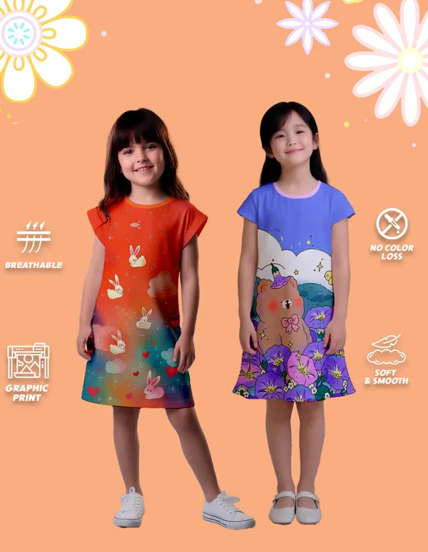 Nusyl_Girls_Orange_&_Lilac_Flower_Printed_&_Rabbit_Printed_Dresses_Pack_Of_2_Soft_&_Comfortable_Dresses_Cozy_Summer_Wear_For_Kids_&_Teen_Girls