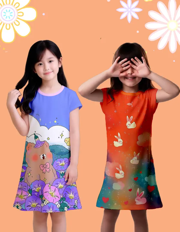 Nusyl_Girls_Orange_&_Lilac_Flower_Printed_&_Rabbit_Printed_Dresses_Pack_Of_2_Soft_&_Comfortable_Dresses_Cozy_Summer_Wear_For_Kids_&_Teen_Girls