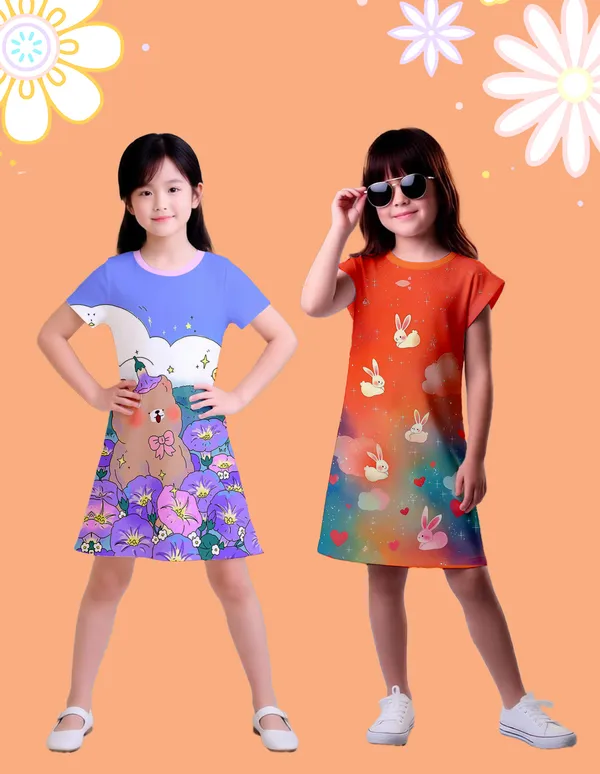 Nusyl_Girls_Orange_&_Lilac_Flower_Printed_&_Rabbit_Printed_Dresses_Pack_Of_2_Soft_&_Comfortable_Dresses_Cozy_Summer_Wear_For_Kids_&_Teen_Girls