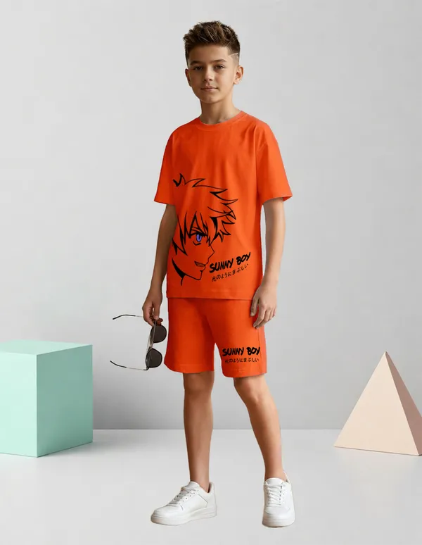 Nusyl_Boys_Orange_Anime_Character_Printed_&_Sunny_Boy_Text_Printed_Cotton_Blend_Relaxed_T_Shirts_And_Shorts_With_Side_Pockets_Oversized_Length_T_Shirts_And_Shorts_Knee_Length