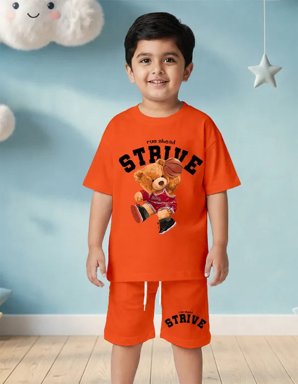 Nusyl_Boys_Orange_Teddy_Printed_&_Strive_Text_Printed_Cotton_Blend_Relaxed_T_Shirts_And_Shorts_With_Side_Pockets_Oversized_Length_T_Shirts_And_Shorts_Knee_Length