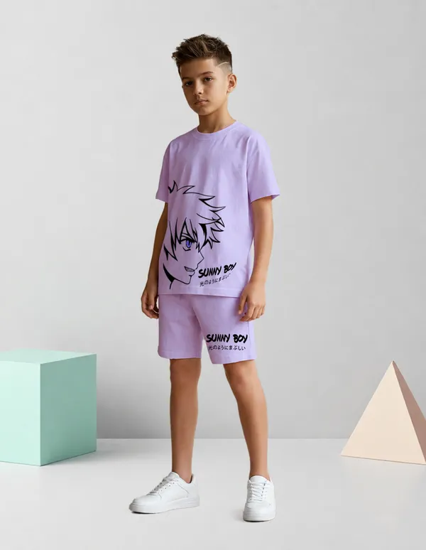 Nusyl_Boys_Lilac_Anime_Character_Printed_&_Sunny_Boy_Text_Printed_Cotton_Blend_Relaxed_T_Shirts_And_Shorts_With_Side_Pockets_Oversized_Length_T_Shirts_And_Shorts_Knee_Length