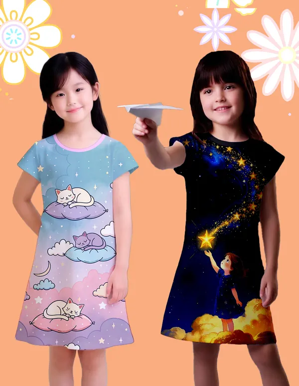 Nusyl_Girls_Black_&_Lilac_Cats_Printed_&_Girl_Printed_Dresses_Pack_Of_2_Soft_&_Comfortable_Dresses_Cozy_Summer_Wear_For_Kids_&_Teen_Girls