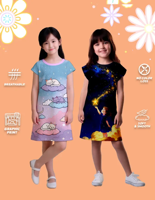 Nusyl_Girls_Black_&_Lilac_Cats_Printed_&_Girl_Printed_Dresses_Pack_Of_2_Soft_&_Comfortable_Dresses_Cozy_Summer_Wear_For_Kids_&_Teen_Girls