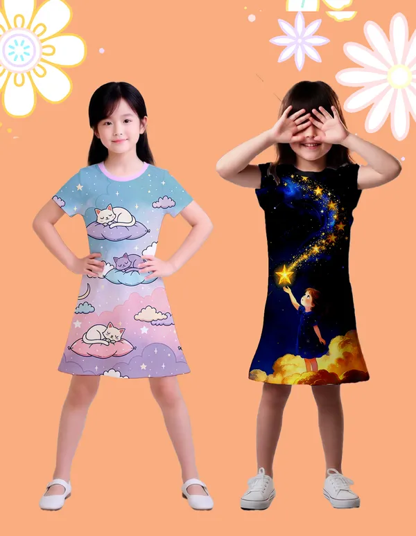 Nusyl_Girls_Black_&_Lilac_Cats_Printed_&_Girl_Printed_Dresses_Pack_Of_2_Soft_&_Comfortable_Dresses_Cozy_Summer_Wear_For_Kids_&_Teen_Girls