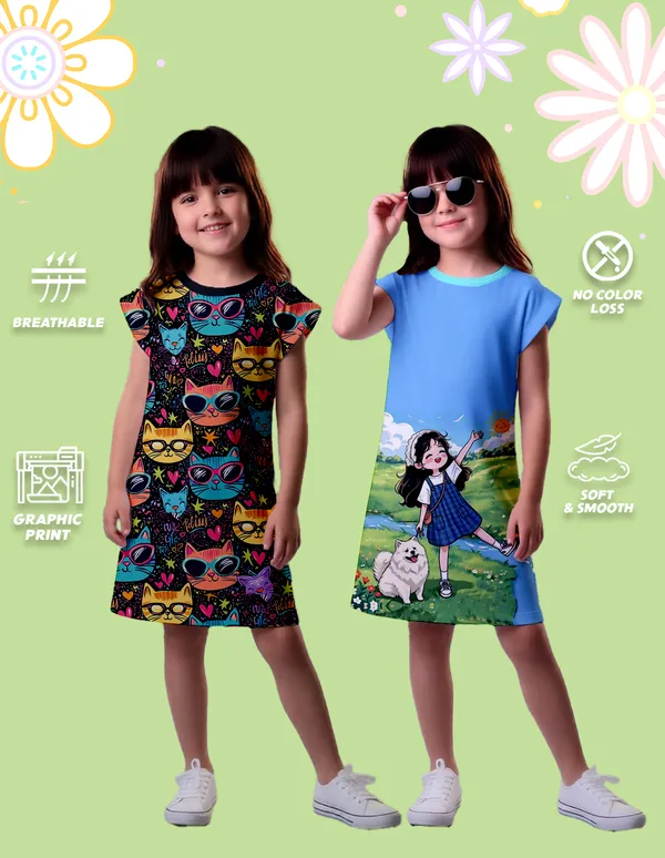 Nusyl_Girls_Black_&_Sky_Blue_Cats_Printed_&_Dog_Printed_&_Girl_Printed_Dresses_Pack_Of_2_Soft_&_Comfortable_Dresses_Cozy_Summer_Wear_For_Kids_&_Teen_Girls