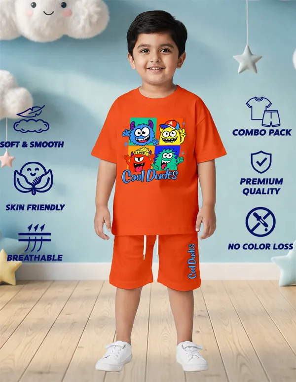 Nusyl_Boys_Orange_Monsters_Printed_&_Cool_Dudes_Text_Printed_Cotton_Blend_Relaxed_T_Shirts_And_Shorts_With_Side_Pockets_Oversized_Length_T_Shirts_And_Shorts_Knee_Length
