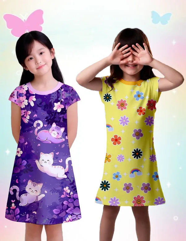 Nusyl_Girls_Lilac_&_Yellow_Flower_Printed_&_Cat_Printed_Dresses_Pack_Of_2_Soft_&_Comfortable_Dresses_Cozy_Summer_Wear_For_Kids_&_Teen_Girls