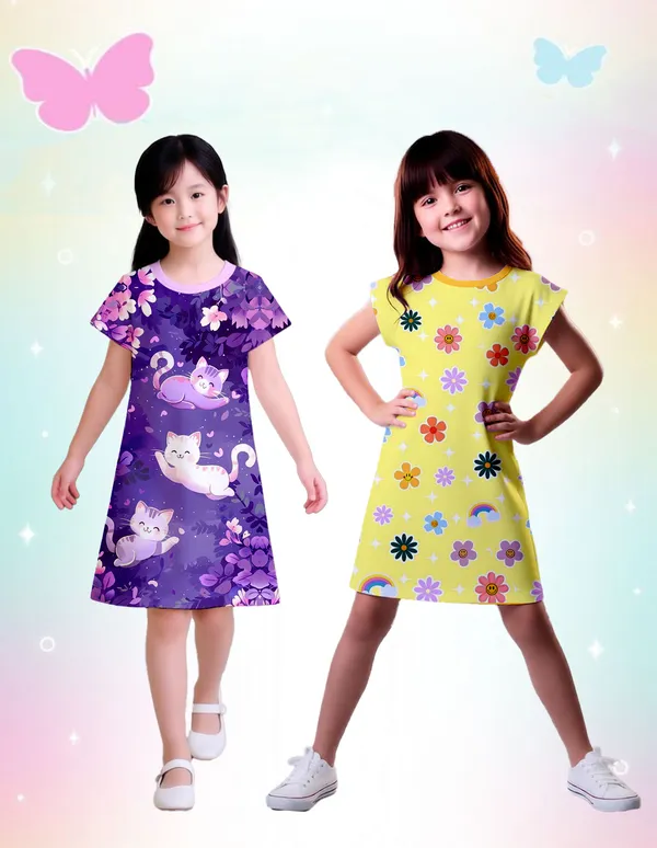 Nusyl_Girls_Lilac_&_Yellow_Flower_Printed_&_Cat_Printed_Dresses_Pack_Of_2_Soft_&_Comfortable_Dresses_Cozy_Summer_Wear_For_Kids_&_Teen_Girls