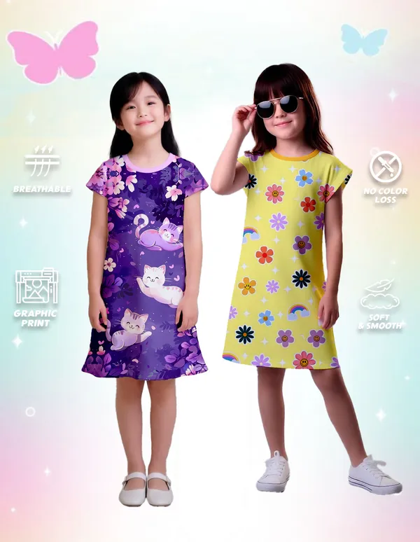 Nusyl_Girls_Lilac_&_Yellow_Flower_Printed_&_Cat_Printed_Dresses_Pack_Of_2_Soft_&_Comfortable_Dresses_Cozy_Summer_Wear_For_Kids_&_Teen_Girls