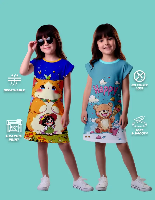 Nusyl_Girls_Yellow_&_Sky_Blue_Cat_Printed_&_Happy_Text_Printed_Dresses_Pack_Of_2_Soft_&_Comfortable_Dresses_Cozy_Summer_Wear_For_Kids_&_Teen_Girls