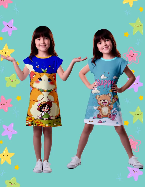 Nusyl_Girls_Yellow_&_Sky_Blue_Cat_Printed_&_Happy_Text_Printed_Dresses_Pack_Of_2_Soft_&_Comfortable_Dresses_Cozy_Summer_Wear_For_Kids_&_Teen_Girls