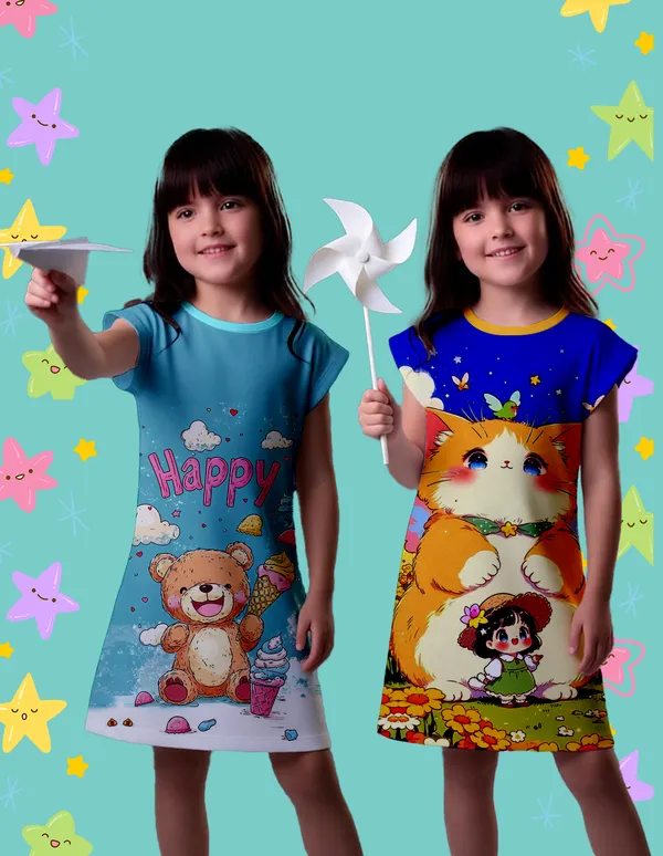 Nusyl_Girls_Yellow_&_Sky_Blue_Cat_Printed_&_Happy_Text_Printed_Dresses_Pack_Of_2_Soft_&_Comfortable_Dresses_Cozy_Summer_Wear_For_Kids_&_Teen_Girls