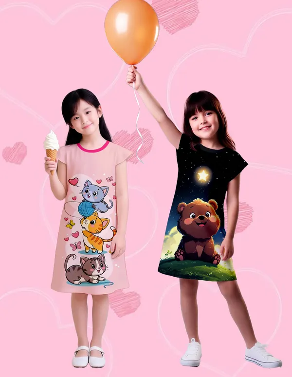 Nusyl_Girls_Black_&_Hot_Pink_Cats_Printed_&_Bear_Printed_Dresses_Pack_Of_2_Soft_&_Comfortable_Dresses_Cozy_Summer_Wear_For_Kids_&_Teen_Girls