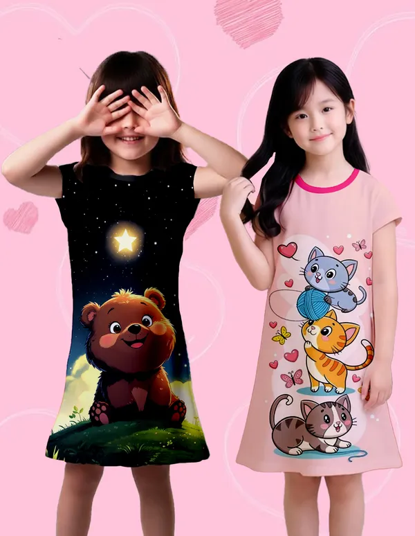 Nusyl_Girls_Black_&_Hot_Pink_Cats_Printed_&_Bear_Printed_Dresses_Pack_Of_2_Soft_&_Comfortable_Dresses_Cozy_Summer_Wear_For_Kids_&_Teen_Girls