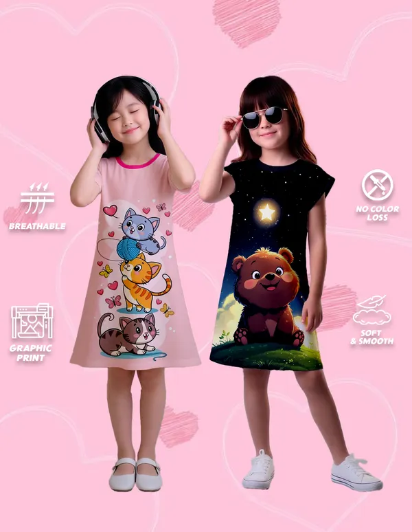 Nusyl_Girls_Black_&_Hot_Pink_Cats_Printed_&_Bear_Printed_Dresses_Pack_Of_2_Soft_&_Comfortable_Dresses_Cozy_Summer_Wear_For_Kids_&_Teen_Girls