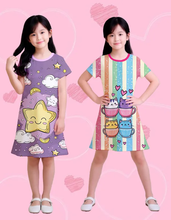 Nusyl_Girls_Lilac_&_Hot_Pink_Stars_Printed_&_Cats_Printed_Dresses_Pack_Of_2_Soft_&_Comfortable_Dresses_Cozy_Summer_Wear_For_Kids_&_Teen_Girls