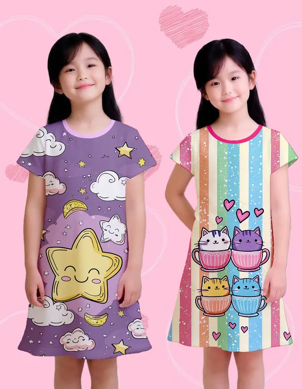 Nusyl_Girls_Lilac_&_Hot_Pink_Stars_Printed_&_Cats_Printed_Dresses_Pack_Of_2_Soft_&_Comfortable_Dresses_Cozy_Summer_Wear_For_Kids_&_Teen_Girls