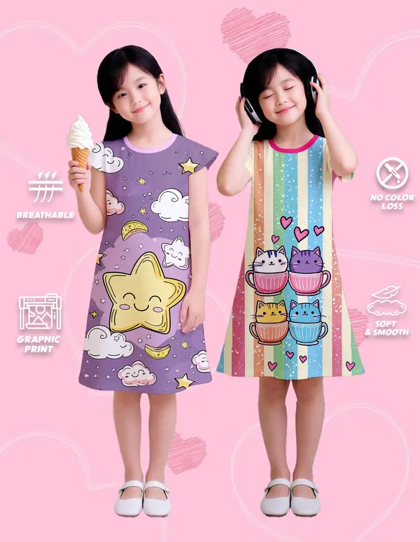 Nusyl_Girls_Lilac_&_Hot_Pink_Stars_Printed_&_Cats_Printed_Dresses_Pack_Of_2_Soft_&_Comfortable_Dresses_Cozy_Summer_Wear_For_Kids_&_Teen_Girls