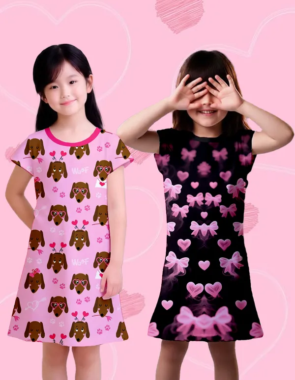 Nusyl_Girls_Black_&_Hot_Pink_Woof_Text_Printed_&_Heart_Printed_Dresses_Pack_Of_2_Soft_&_Comfortable_Dresses_Cozy_Summer_Wear_For_Kids_&_Teen_Girls