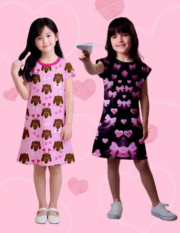 Nusyl_Girls_Black_&_Hot_Pink_Woof_Text_Printed_&_Heart_Printed_Dresses_Pack_Of_2_Soft_&_Comfortable_Dresses_Cozy_Summer_Wear_For_Kids_&_Teen_Girls
