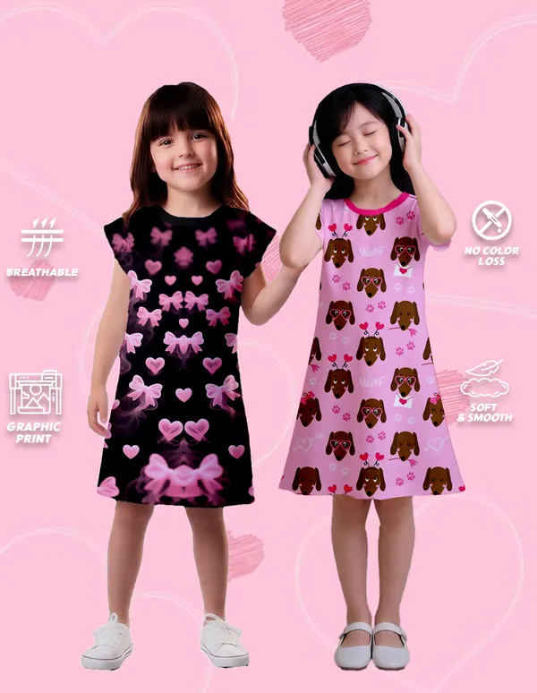 Nusyl_Girls_Black_&_Hot_Pink_Woof_Text_Printed_&_Heart_Printed_Dresses_Pack_Of_2_Soft_&_Comfortable_Dresses_Cozy_Summer_Wear_For_Kids_&_Teen_Girls
