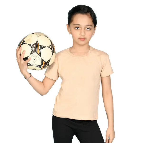 Beige_Solid_Round_Neck_Half_Sleeves_T-Shirt_For_Girls
