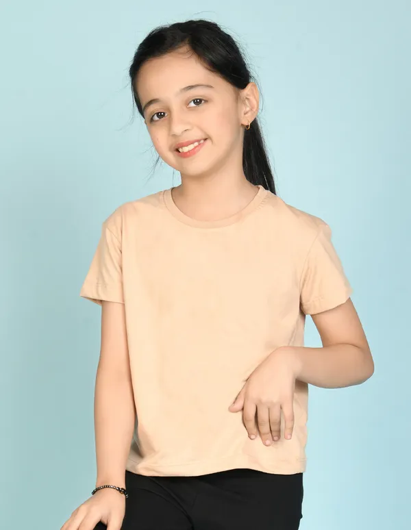 Beige_Solid_Round_Neck_Half_Sleeves_T-Shirt_For_Girls