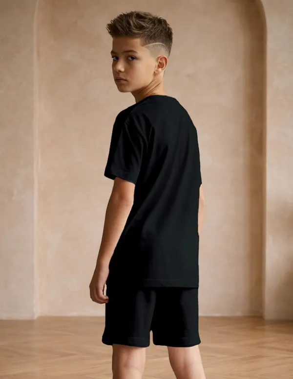 Nusyl_Boys_Black_Speed_Text_Printed_&_88_Text_Printed_Cotton_Blend_Relaxed_T_Shirts_And_Shorts_With_Side_Pockets_Oversized_Length_T_Shirts_And_Shorts_Knee_Length