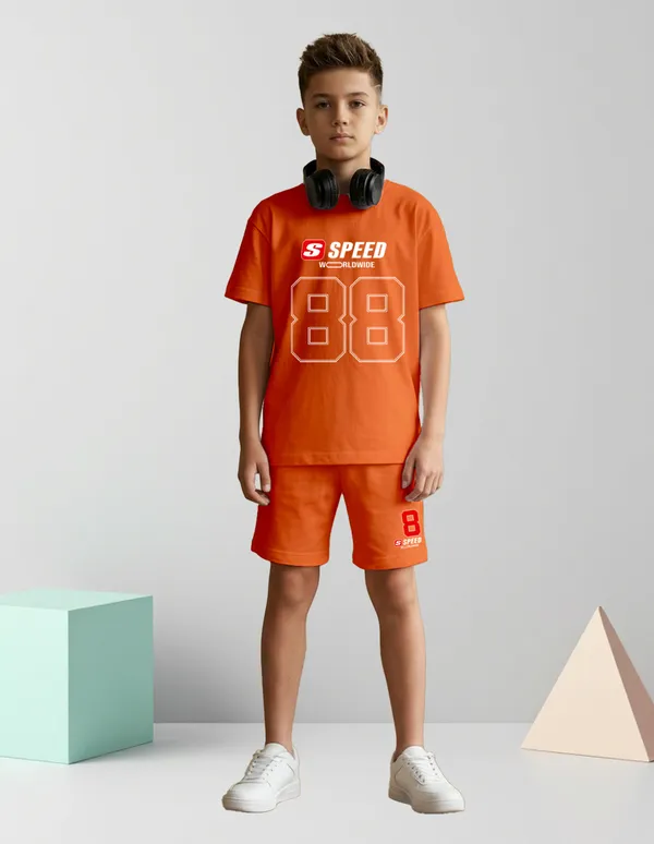 Nusyl_Boys_Orange_Speed_Text_Printed_&_88_Text_Printed_Cotton_Blend_Relaxed_T_Shirts_And_Shorts_With_Side_Pockets_Oversized_Length_T_Shirts_And_Shorts_Knee_Length