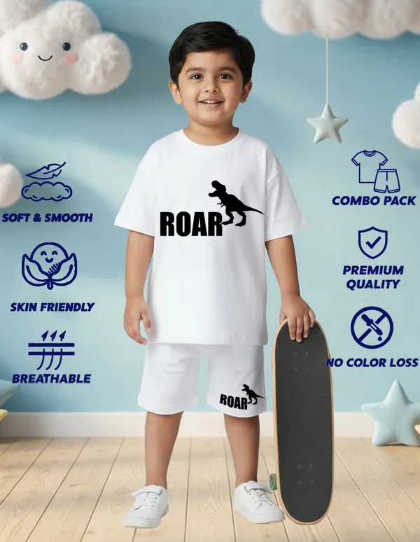 Nusyl_Boys_White_Dinosaur_Printed_&_Roar_Text_Printed_Cotton_Blend_Relaxed_T_Shirts_And_Shorts_With_Side_Pockets_Oversized_Length_T_Shirts_And_Shorts_Knee_Length