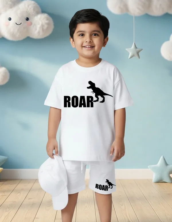 Nusyl_Boys_White_Dinosaur_Printed_&_Roar_Text_Printed_Cotton_Blend_Relaxed_T_Shirts_And_Shorts_With_Side_Pockets_Oversized_Length_T_Shirts_And_Shorts_Knee_Length