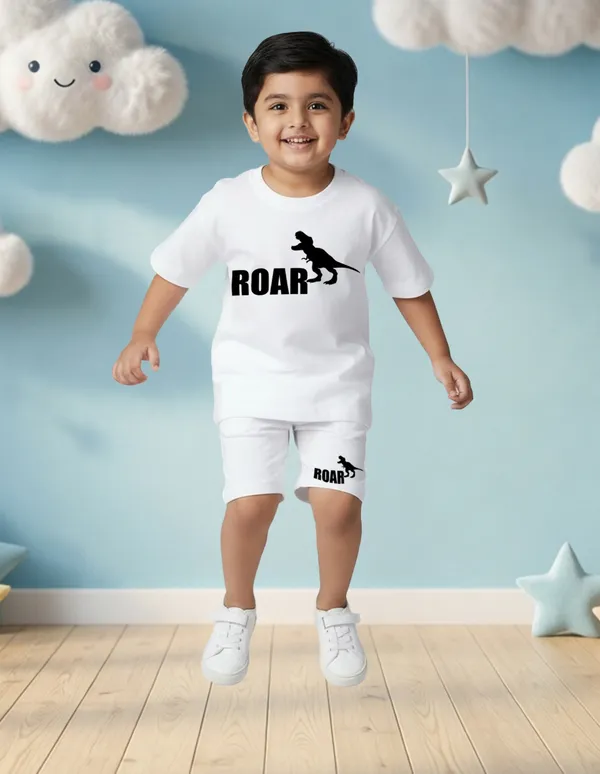 Nusyl_Boys_White_Dinosaur_Printed_&_Roar_Text_Printed_Cotton_Blend_Relaxed_T_Shirts_And_Shorts_With_Side_Pockets_Oversized_Length_T_Shirts_And_Shorts_Knee_Length