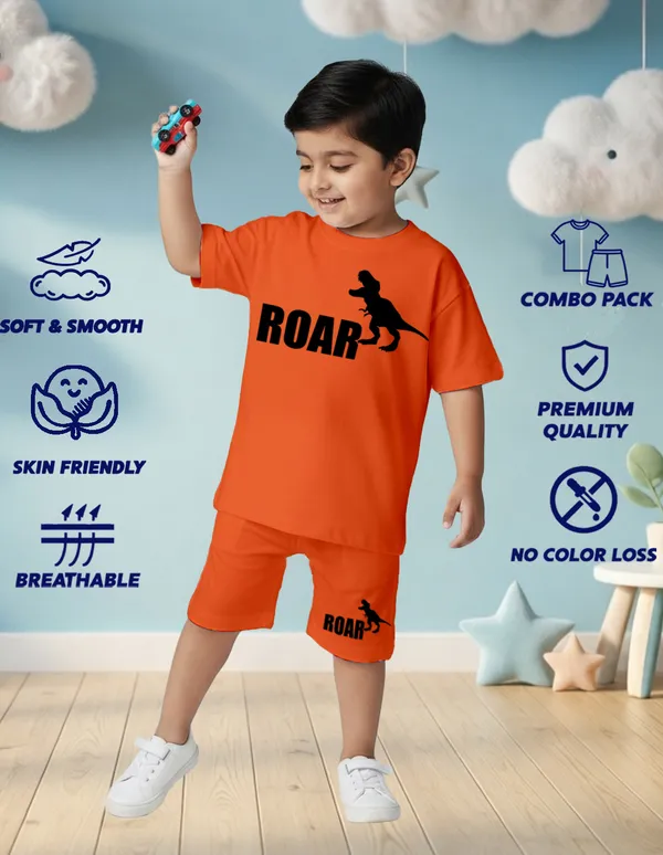 Nusyl_Boys_Orange_Dinosaur_Printed_&_Roar_Text_Printed_Cotton_Blend_Relaxed_T_Shirts_And_Shorts_With_Side_Pockets_Oversized_Length_T_Shirts_And_Shorts_Knee_Length